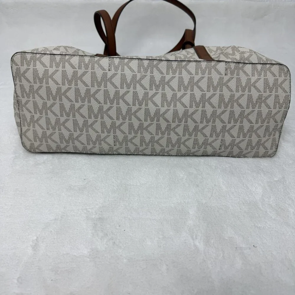 Michael Kors Tote Bag Womens Large Beige Logo Canvas Leather Trim Zip Gold Charm